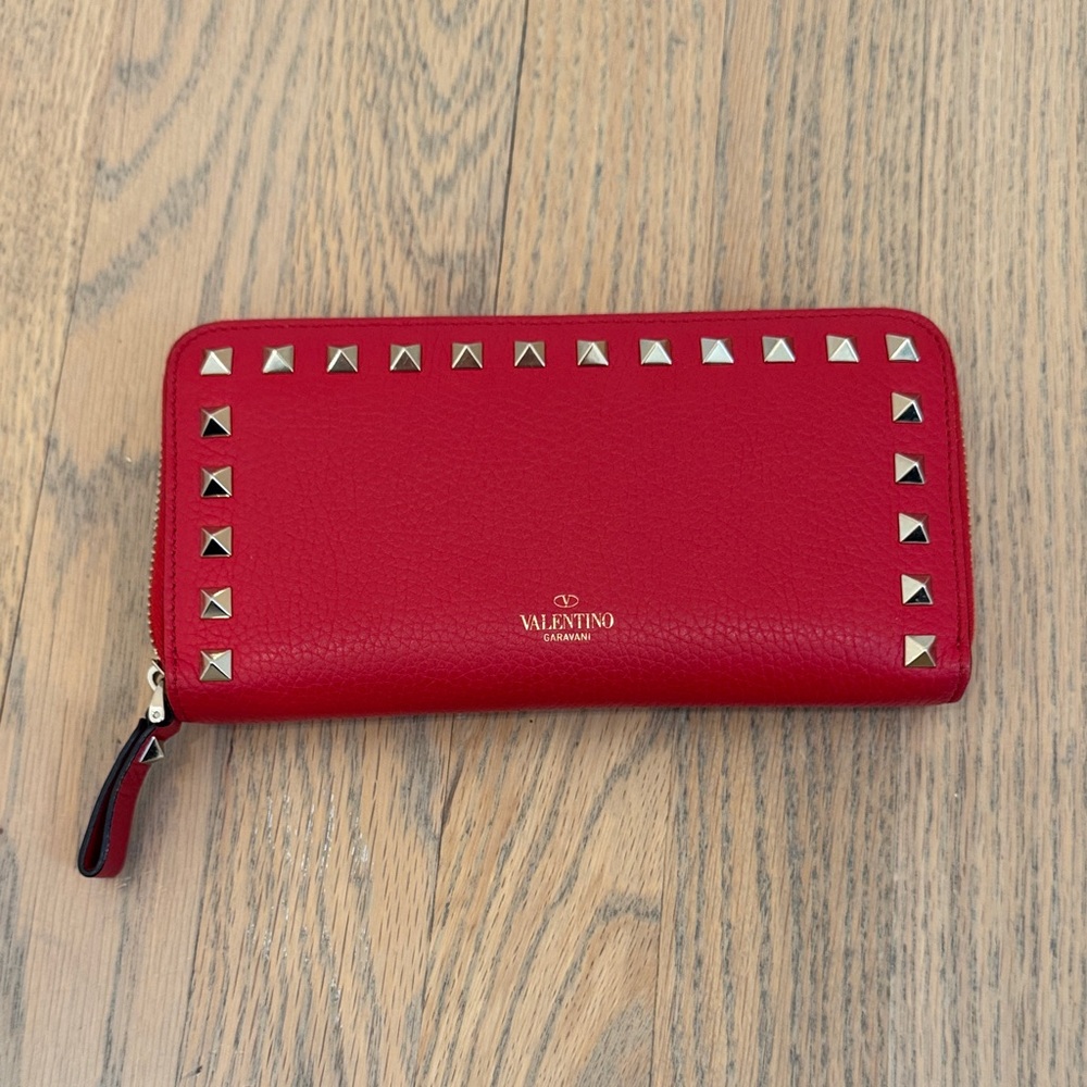 Valentino Red Rockstud Zip-Around Wallet